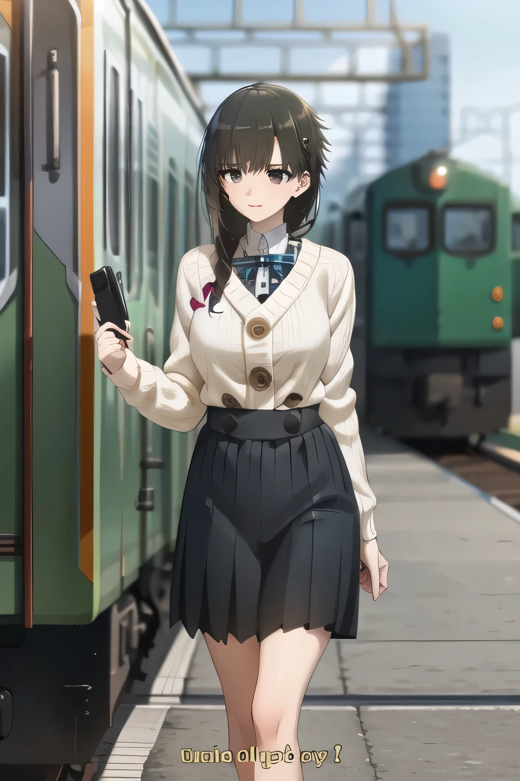 ,nice smiles,Can you draw a woman looking at a train,can you draw a woman waiting in front of the car in front of you,東京の地下鉄ホームでwaiting for the train女性は描けますか, ,congestion,waiting for the train,fun,Underground railway stations ,The sign hanging on the wall,{{X}},please describe her expression more delicately,walking alone, city tour ,,(((is wearing casual clothes inspired by tourists))), I have a SLR camera ,(Let's draw a more delicate look),(sleeveless wool sweater),( Pleated Legs,white panties),(That work is enough for one person {X} is very important for work)、 That's enough,frown。unless the job requires it。 {X}、 , An attractive 40-year-old woman takes off her uniform and jumps off, Big black wavy hair, , Big Breasts, Thin Waist , , ,Faces are very important,