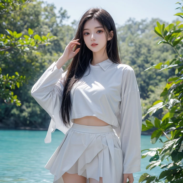 1女of子, long hair, white clothes, alone,dull bangs, blue eyes, half mouth, embarrassed face, troubled face, full face powder blusher,eyelash,(clear eye light light), shirt, 女of子, white and smooth skin, stone beans, landscape, mountaineering architecture, wood, outdoor, sitting,(depth_of_field:1.5),