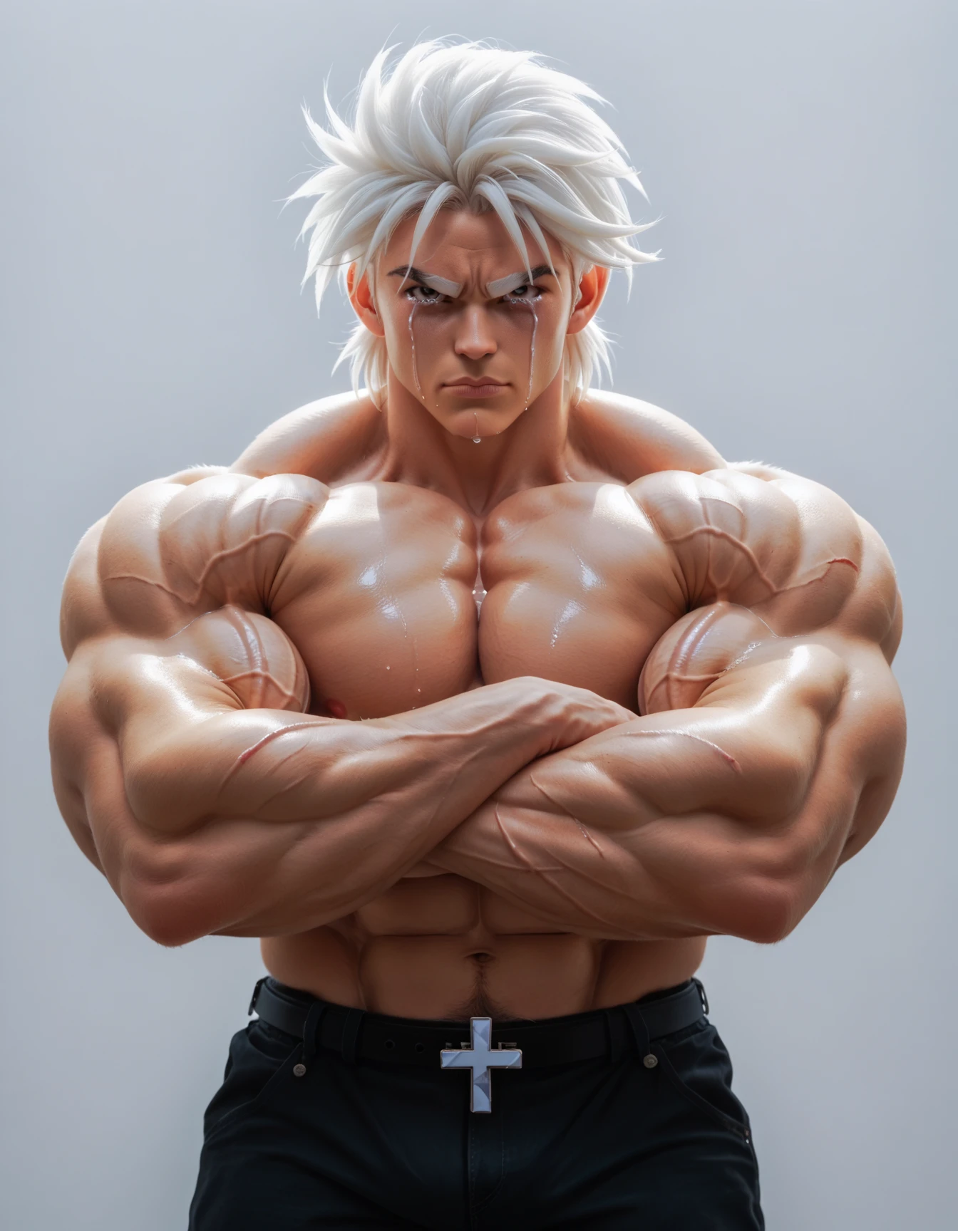 White-haired muscular man 24 years old, Has special abilities, It's technology, There are blue tattoos on the body,There is a totem on the body,There are black wings on the back,Wearing silver-white armor