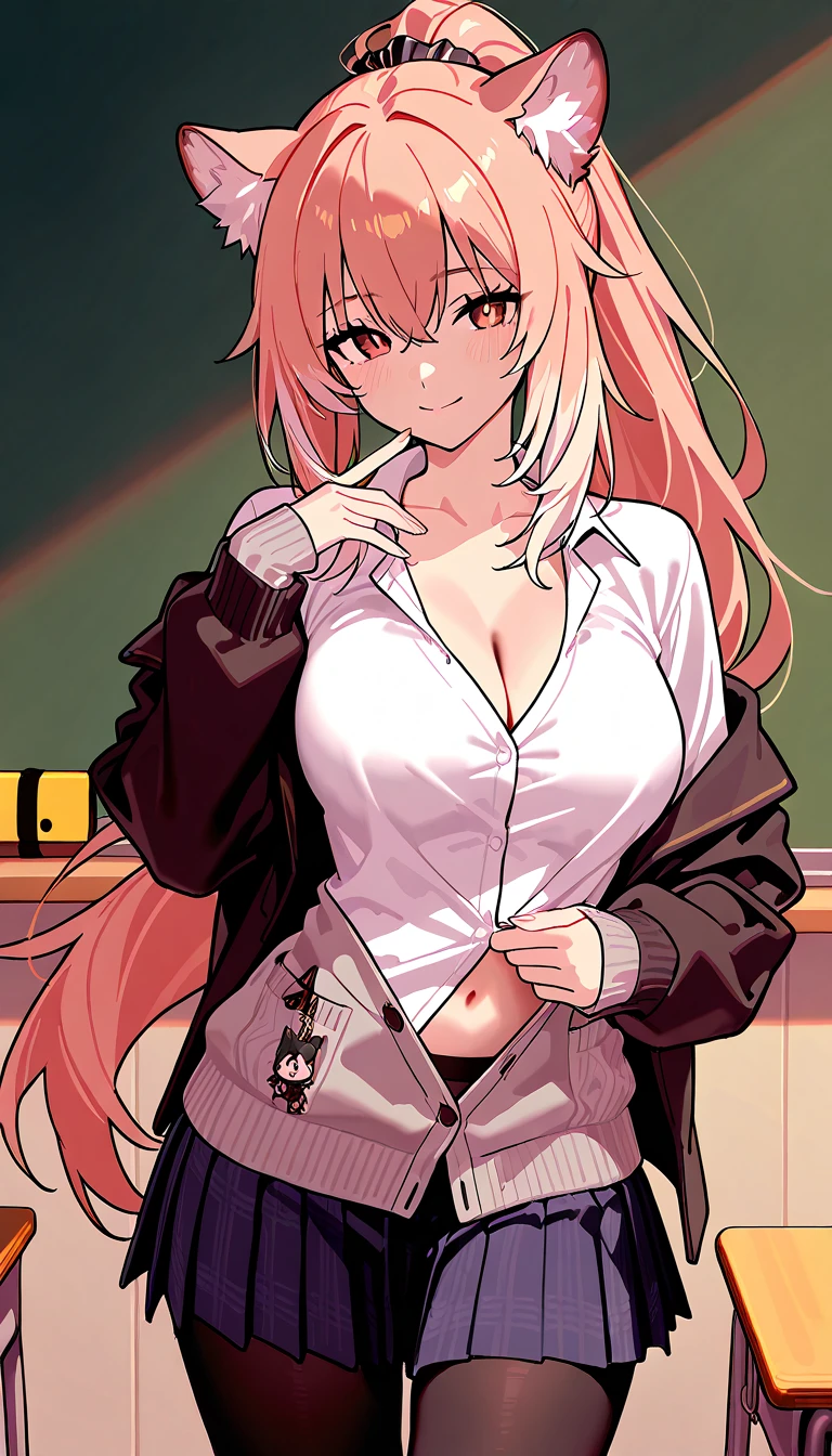 junkoenoshima,<lora:junkoenoshima-lora-nochekaiser:1>,junko enoshima,bear hair ornament,blue eyes,long hair,pink hair,twintails,evil smile,(grin:0.6),open mouth,bow,bra,choker,cleavage,fingernails,lace trim,lace-trimmed bra,long fingernails,loose necktie,nail polish,necktie,plaid,plaid skirt,pleated skirt,skirt,indoors,classroom,looking at viewer,(masterpiece:1.2),best quality,high resolution,unity 8k wallpaper,(illustration:0.8),(beautiful detailed eyes:1.6),extremely detailed face,perfect lighting,extremely detailed CG,(perfect hands, perfect anatomy),(covered nipples:0.7),(from below),cowboy shot,pussy,(gravure_pose),