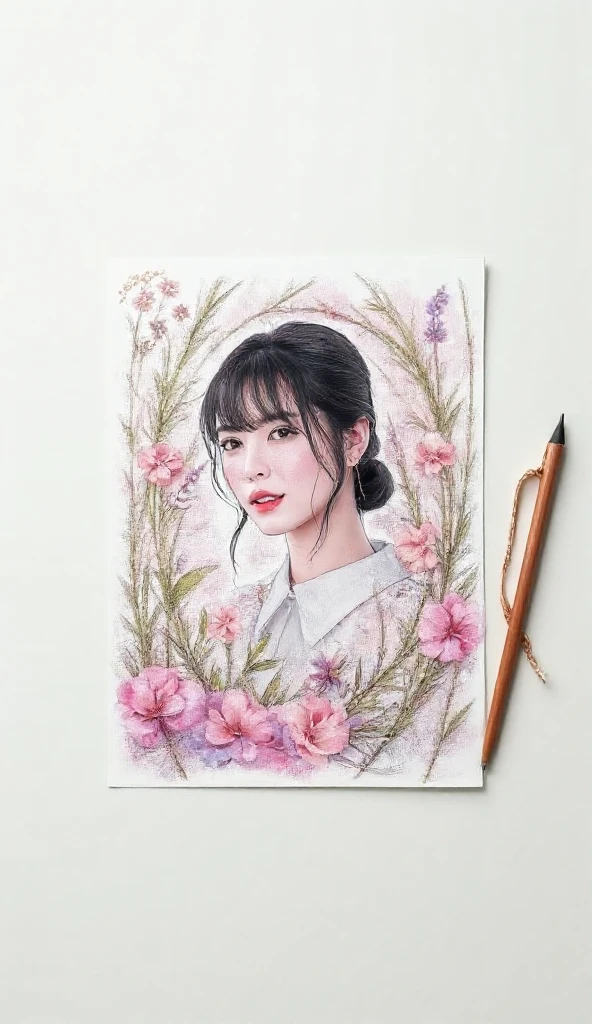 Aalfid woman holding a painting of purple flowers, Watercolor painting style, watercolor colored painting, Watercolor painting, pastel style painting, painitng, korean artist, inspirado por Kim Jeong-hui, painting of beautiful, Painting, Painting, paining, inspired by Yanjun Cheng, thick paint, paiting, watercolor paiting, Oil painting style