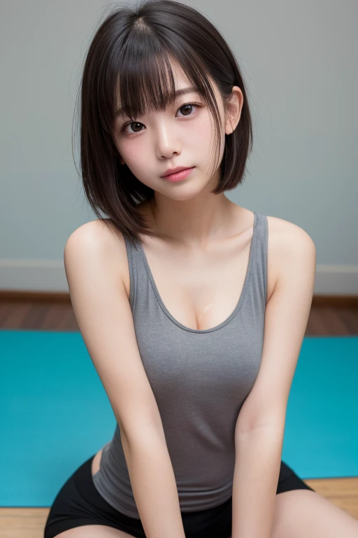 (8K、Raw photography、top-quality、​masterpiece:1.2)、(realisitic、Photorealsitic:1.37)、ultra-detailliert、超A high resolution、女の子1人、There is a village frame pure、see the beholder、beautifull detailed face、Smile、Constriction、(Slim waist) :1.3)、Gym Wear、Beautiful detailed skin、Skin Texture、floated hair、profetional lighting、full body Esbian、I'm doing muscle training..、Do barbell squats