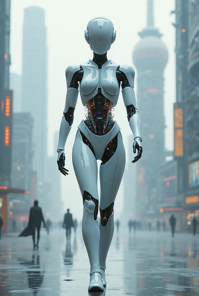 Woman's cyborg walking down the street in a crowd of people in the big city, defile show, high quality, best quality, absurdres, masterpiece, beautiful, intricate details, 1/2 body crop, slim body, beautiful figure, magnificent anatomy, (intricate details:1.12), HDR, (intricate details, hyper-detailing:1.15), (natural skin textures, hyper realisitc, soft light, Sharp:1.2)