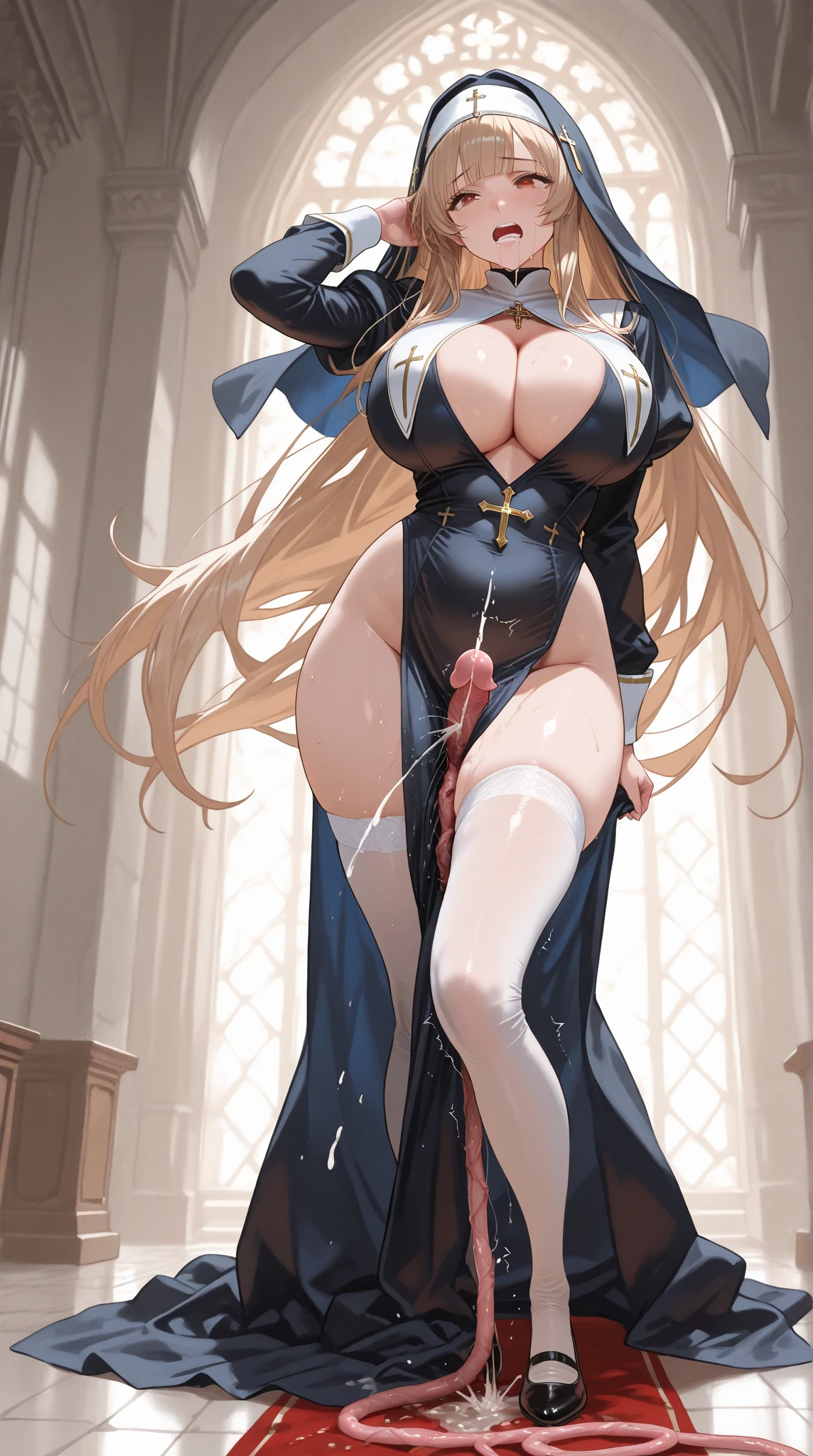 Very detailed、highest quality、Best image quality、masterpiece、8k、Sparkling blue eyes、Anime Face、A kind smile、(Open your mouth)、(Blonde long hair)、(SFW Giant:1.5)、(Big Tits:1.3)、ckundies、Cowboy Shot、(White Thong)、(highleg)、(Muscles of the whole body)、(necklace)、(topless:1.5)、(NSFW:1.3)、(Long gloves)、(Calvin Klein)、(White underwear), panties, black panties