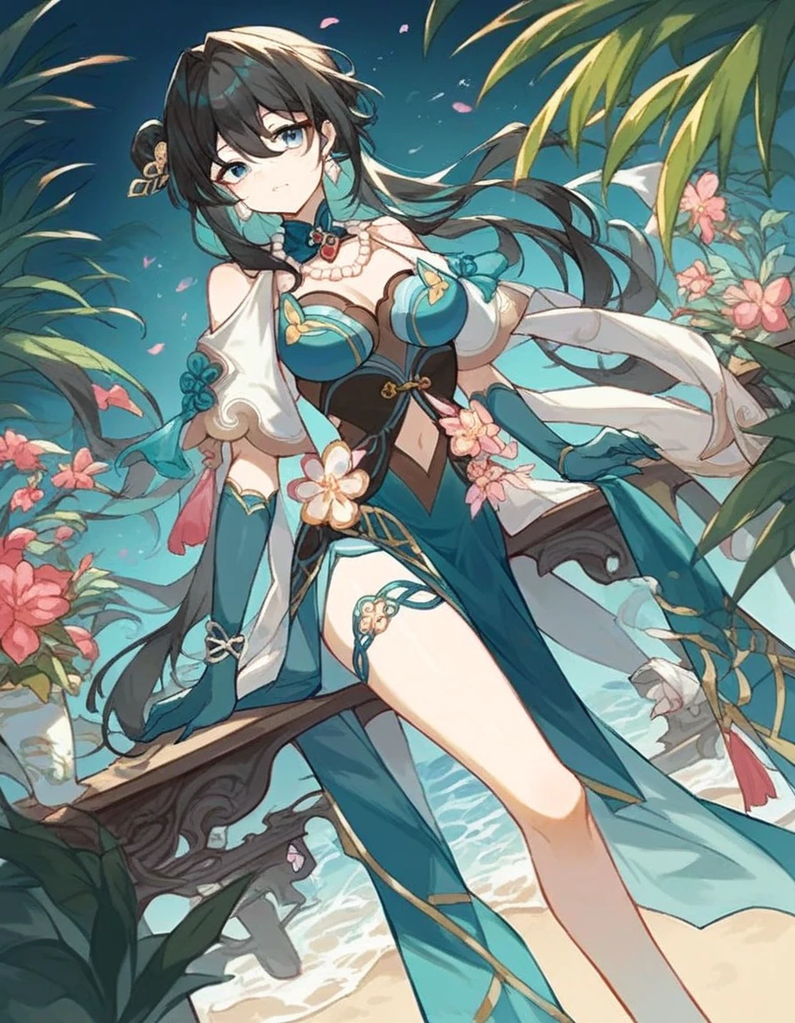 (1 girl), whole body, {((Peacock: 1.5))}, blue, (detailed face: 1.2), masterpiece, ancient costume, (blue hanfu: 1.2), medium hair, black hair, double hair, blunt bangs, blue eyes, (lotus leaf: 1.2, lotus flower, pond: 1.4) blue crystal ball,, colorful, girl,red and white kimono uneven sleeves,upper body,(detailed face:1.2), (medium breasts),(cleavage),(thigh bands),long Blond hair,asymmetrical bangs,Tarot border,The portrait is centered,(no weapon),(bouncing breasts), (raw photo:1.2), ((photorealistic:1.4)), best quality, masterpiece, illustration, an extremely delicate and beautiful, extremely detailed ,CG ,unity ,8k wallpaper, Amazing, finely detail, masterpiece,best quality,official art, extremely detailed CG unity 8k wallpaper, absurdres, incredibly absurdres, huge filesize, ultra-detailed, highres, extremely detailed,
beautiful detailed girl, extremely detailed eyes and face, beautiful detailed eyes, light on face, cinematic lighting, full body, full-body shot, see-through, outdoors, (( fire)),  ,  red theme and orange theme ,  bear stomach,  (playing a guitar),