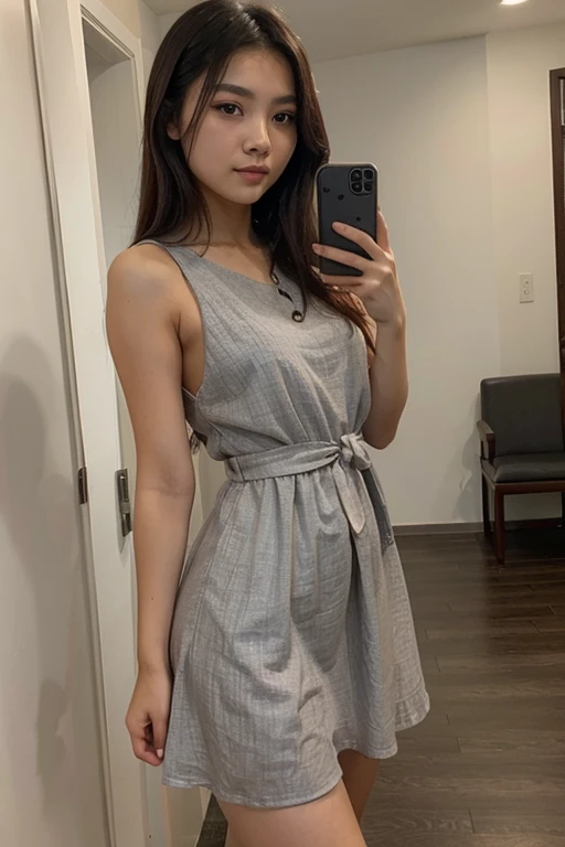 A beautiful young woman, Ananya Pandey wearing grey dress Full figure view full body, badroom said body view view anatomy, ultra detailed face and eyes, ultra sharp HDR, realistic realism, 8k