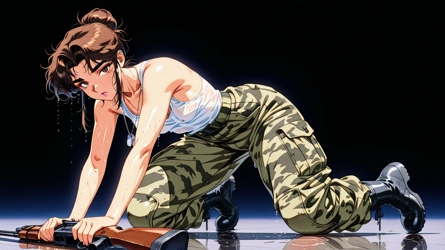 (Attack on Titan) An enormous titan woman (cute maniac face extra huge mouth, dark hair, small pot belly, big butt, painted toe nails) merrily stomps down the streets of Tokyo, she has her mouth open and drooling. The woman (cute, miniskirt, airy blouse, high heels) she wants to eat has fallen and twisted her ankle and is now sobbing on the street. Came is low at the victim looking up at the hungry Titan