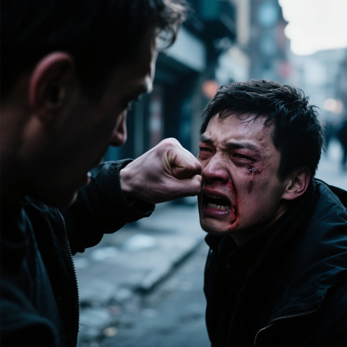 A distraught asiátic man realizes he has returned from the future, He grabs his head and his eyes show an expression of disbelief. , full body, herida sangran te en su. Cabeza