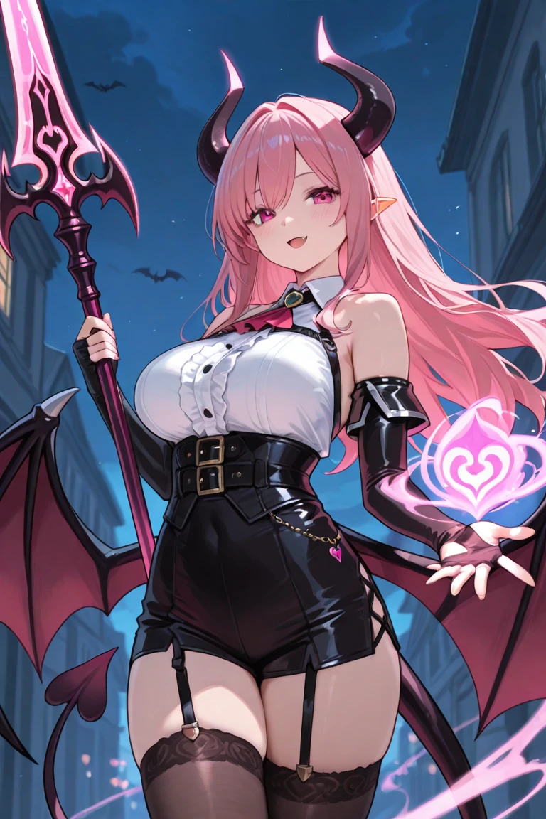 19 years old, large breasts, triple D cup breasts, sexy, horny, round buttocks, bubbly buttocks, fit and strong, slender body,、Pink twin tails、Purple Eye、Devil、Cosplay、Small horns、Devil's Wings、demon horns, mischievous smile,