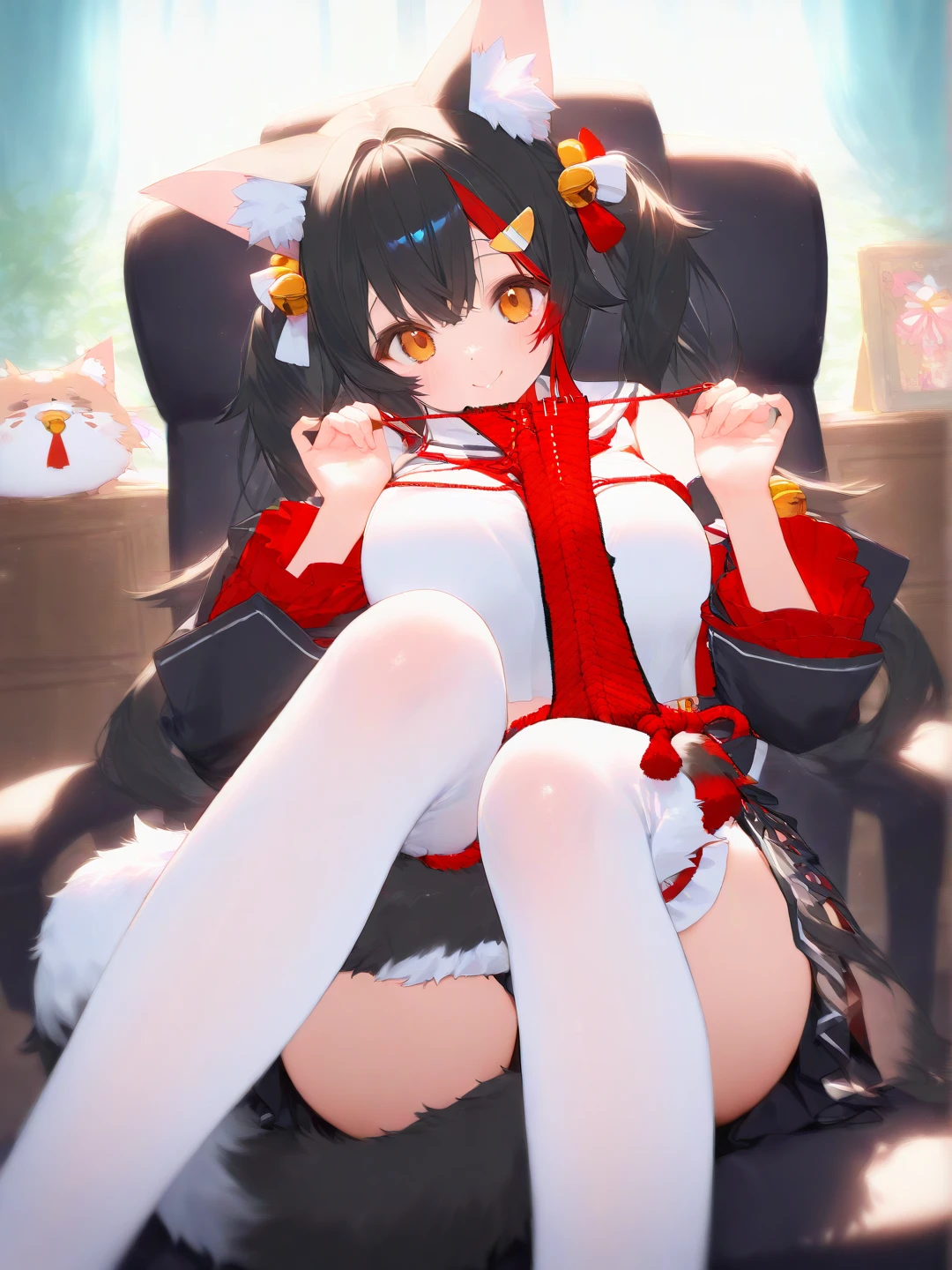 FULL BODY. effeminate age cat boy furry, FEMBOY, pale rosy skin, black tail and ears, SKINNY, RED EYES, chinese slanted eyes, big eyes, LONG hair, black hair, messy hair, dirty hair, floating hair, thin cute face, FRECKLES, SCARLET RED EYES, EXHAUSTED, TIRED, EYEBAGS, dark circles under the eyes, RED astronomy pattern of RED MARKS on his skin, wearing an oversized yellow sweater, neon lights bedroom background, dynamic poses, spreading legs, pussy boy, boy pussy, CUNT BOY, VAGINA, panting, blushing