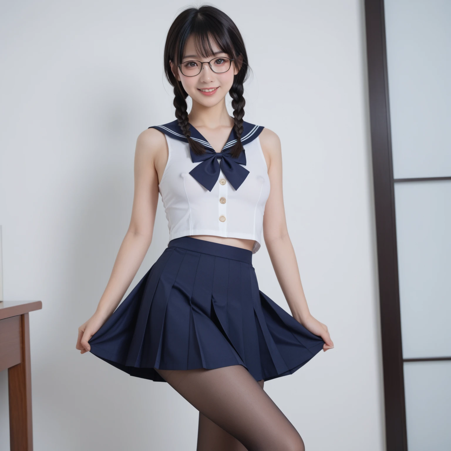 masterpiece、Highest quality、8K、Very detailed、Realistic、Realistic、View your viewers、Black Hair、Simple Background、(smile)、Big Breasts、whole body、 uniform、A see-through, sleeveless sailor suit with buttons、Navy blue pleated skirt、Glasses、Erect nipples、Plain face、Short Hair、Two girls in the classroom、Open your legs wide to the sides、Showing off a beautiful pussy、My belly is visible