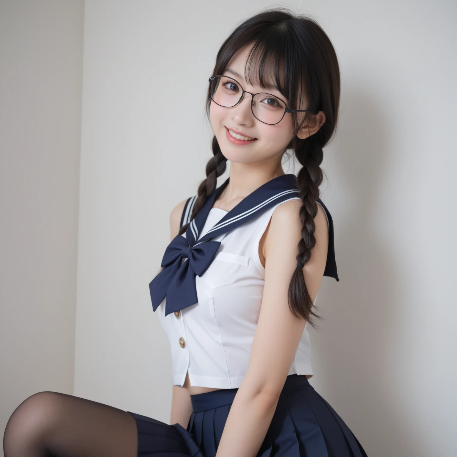((highest quality、8K、masterpiece:1.3))、1 girl、Japanese、Idol、Mayumi Watase、thin abs、highly detailed face、Face length and thin surface、Fair skin、Mature、detailed eye、double eyelid、Jet black eyes、long eyes、glasses、jet black hair、one length ponytail、small breasts、flat chest、small breasts、slender body shape、Neat and clean high school girl、laughter、 uniform、Panties are visible through the skirt、18-year-old high school girl、sheer white shirt、navy blue ribbon on collar、Dark blue pleated micro mini、sexy、peek at the audience、beautiful graphics、Bright school building with strong sunlight、Please show me your whole body、standing、Plump panties、white socks、lift the hem of the skirt with both hands、Show me my white lace panties、Depth of bounds written、school uniform、Blazer School Uniform、