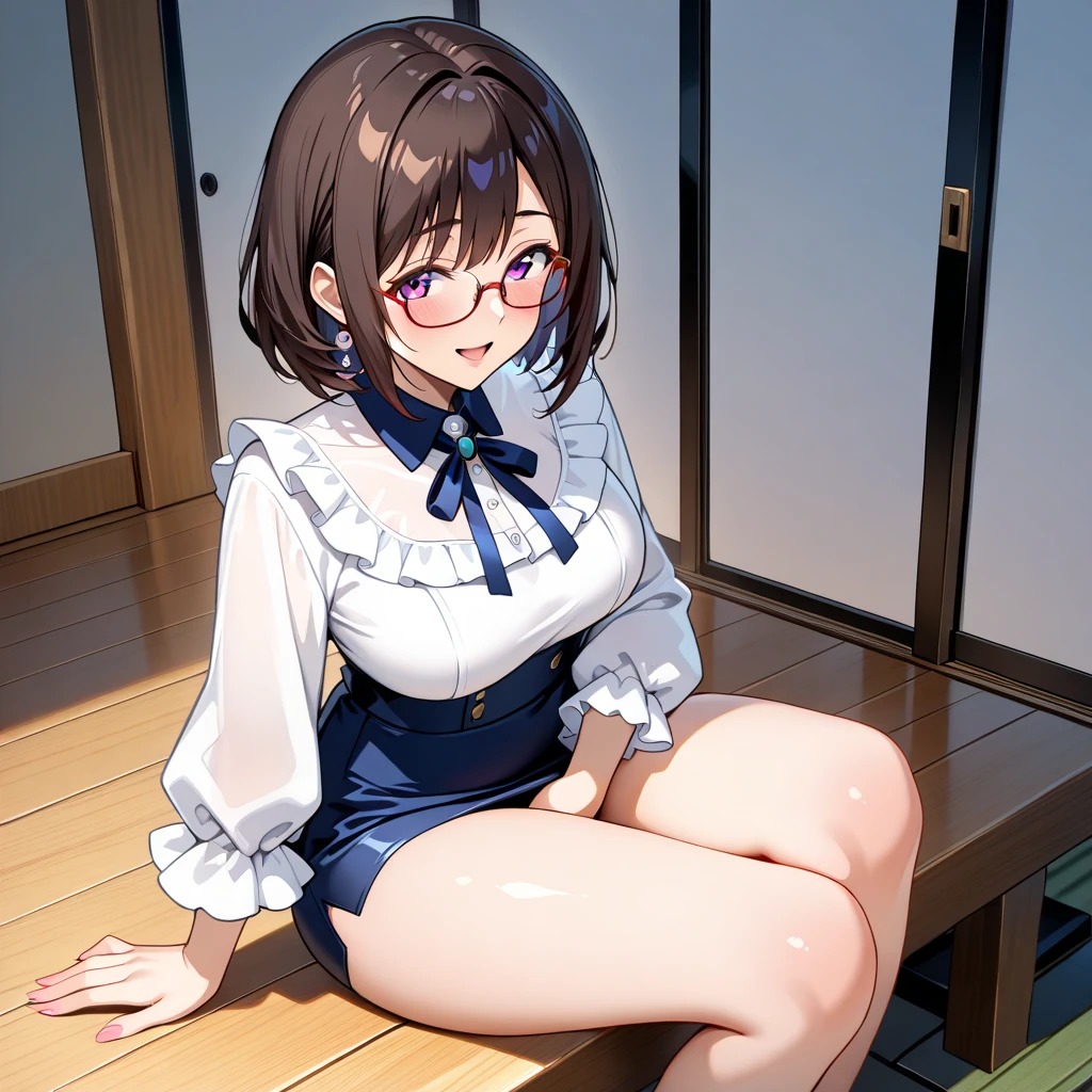 8K、masterpiece、Japanese、Woman wearing glasses、Neon(nod)、from the front、smile、Childish、Small breasts、See-through underwear、night、Bedroom、Spread your legs and show、mini skirt