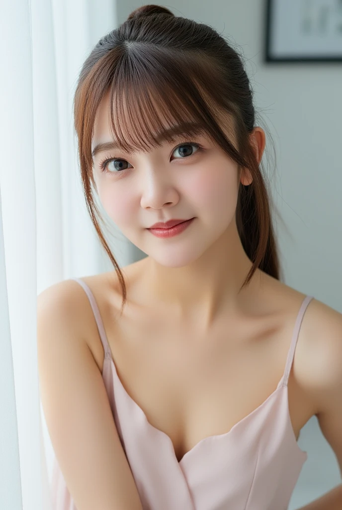 Browsing Caution, （Completely naked:1.3）,(masterpiece:1.0), (Highest quality:1.2), (Ultra-high resolution:1.2), 8K resolution,  Baby Face、(9 years old:1.2), （beautiful girl:1.2）、　Full body image、Japanese、Baby Face、ponytail、belly button、Shaved、Show your side,（Child body type:1.2）、（Flat Chest:1.2）、Sharp focus, Cinema Lighting, Beautiful face in every detail, Detailed skin texture, Pale skin, Detailed brown hair,  smile, Realistic glowing skin, Beautiful plump nipples,Slim waist, 魅惑的なsmile,（Pink areola:1.2）, （Head to Knee:1.2）