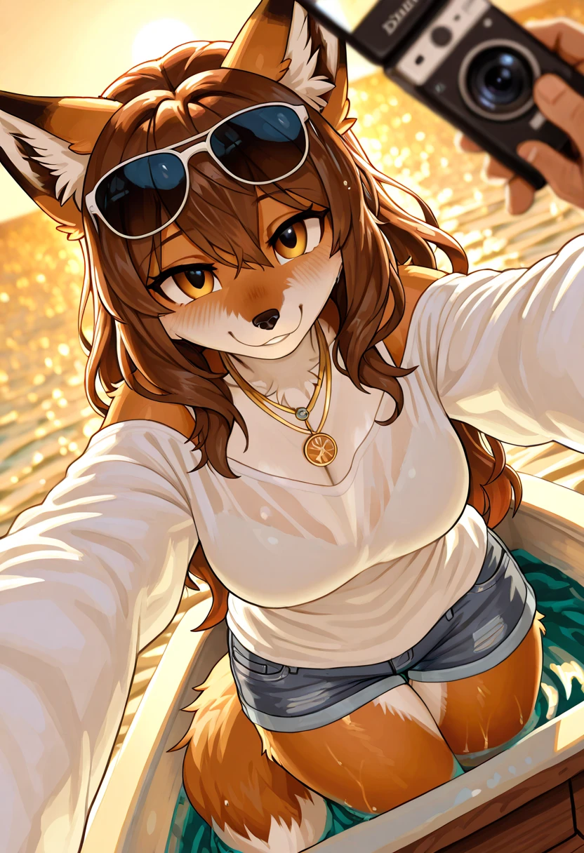 Make a beautiful young girl woman 18 years old sexy model beautiful perfect blue eyes, straight hair, brown hair mixed fox, hybrid fox, tail, hair, ears, human body human fox, cute Wearing red bikini, standing taking selfie fox woman fox girl 