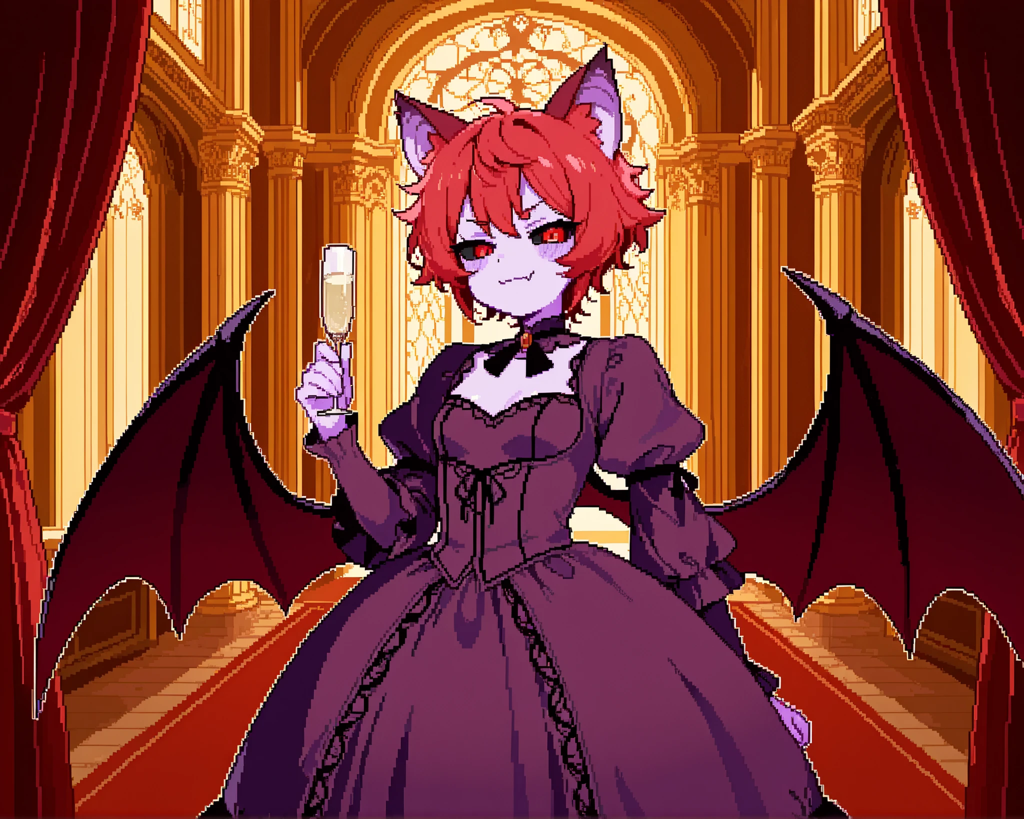 score_9, score_8_up, score_7_up, source_anime, 1girl, solo, pixel art, black sclera, hoopdress BREAK
Red hair, very short hair, messy hair, red eyes, red eyeshadows, small breasts, (colored sclera, black sclera), , (colored skin, purple skin), animal ears, bat_ears, red bat wings BREAK
Victorian_dress, purple dress BREAK
Looking at viewer, smug face, closed mouth, cute fang, holding_champagne_flute, standing, indoors, (fancy castle), golden interior, main lobby, red_curtains