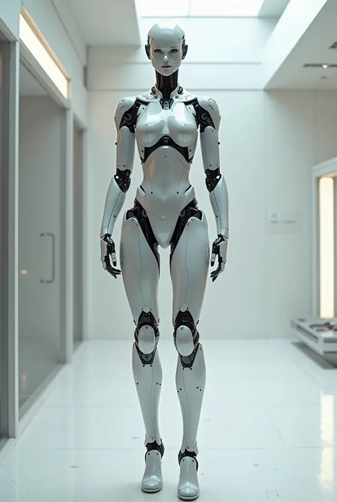 1girl, green skin, dark green hair, seamless bob cut, white cybernetic armor, full body armor, black accents, full body shot, sci-fi, shoulder pads, white boots