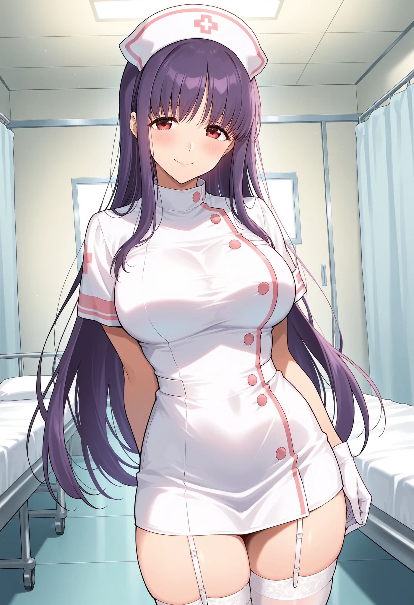 masterpiece, best quality, very aesthetic, absurdres, 1girl, beautiful face, tsurime, blunt bangs, black violet hair, long hair, straight hair, large breasts, nurse uniform, panties, anime artwork, super fine illustration, highly detailed