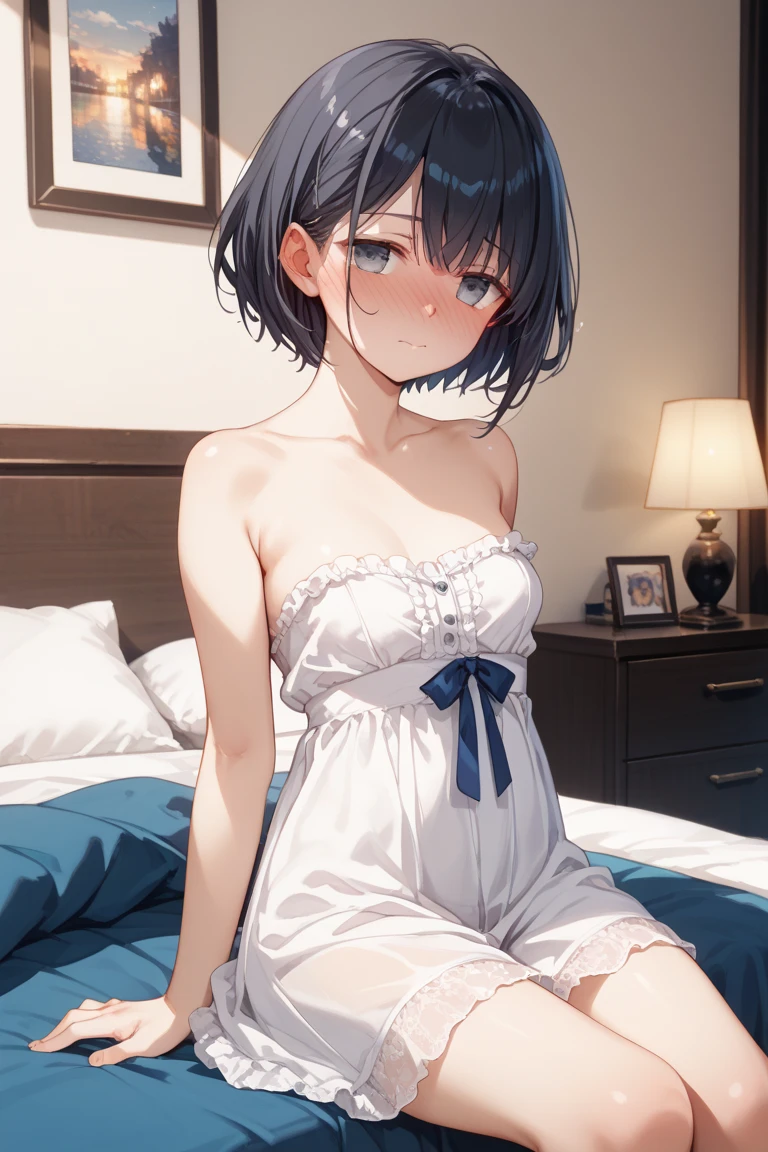 1girl in,Navy blue bob hair,Navy green eyes,Cute,blush, medium breasts, cute eyes, Changing clothes, underwear is visible, night wear