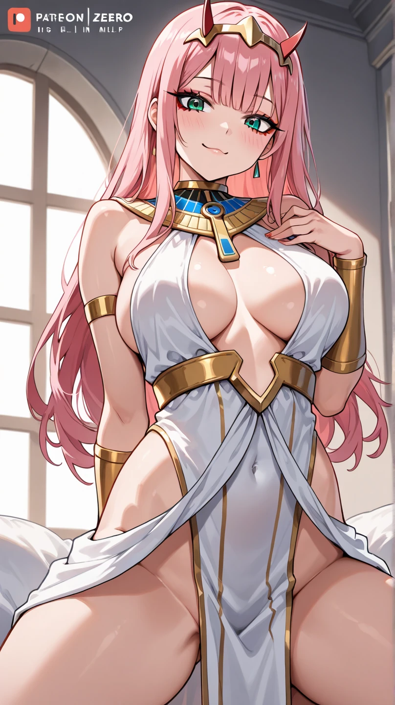 {{masterpiece}},{Detailed and beautiful depiction},Official Art,Beautiful adult woman,Megurine Luka,Pink long hair,blue eyes,Big Breasts,Draw the whole body,{{Erotic Seduction:2.0}},{Embarrassing gesture},bed