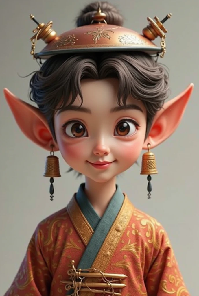 <lora:xiaoka:1>,xh,1boy,solo,male focus,male child,hat,jewelry,earrings,looking at viewer,child,smile,brown eyes,black hair,portrait,simple background,upper body,gradient background,grey background,closed mouth,gradient,brown hair,blush,