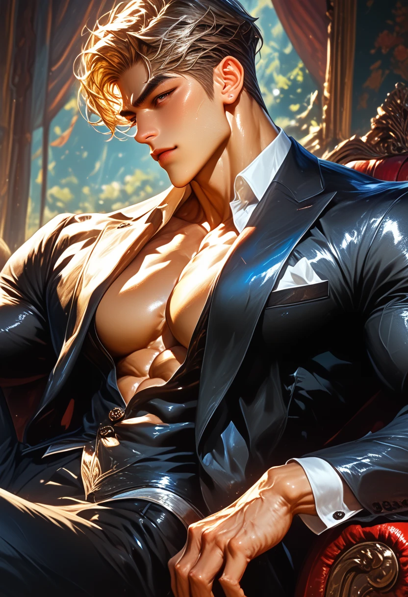 4k, high resolution, best quality, masterpiece, perfect color, perfect shade, perfect lighting, Posted by e621, ((portrait)), ((handsome man)), perfect male figure, Short hair details,chest muscles,abdominal muscles,Naked torso, Detailed face, perfect face, (stood up), Detailed background, ((Bonifasco Lighting)), (delicate eyes),(),green hair,