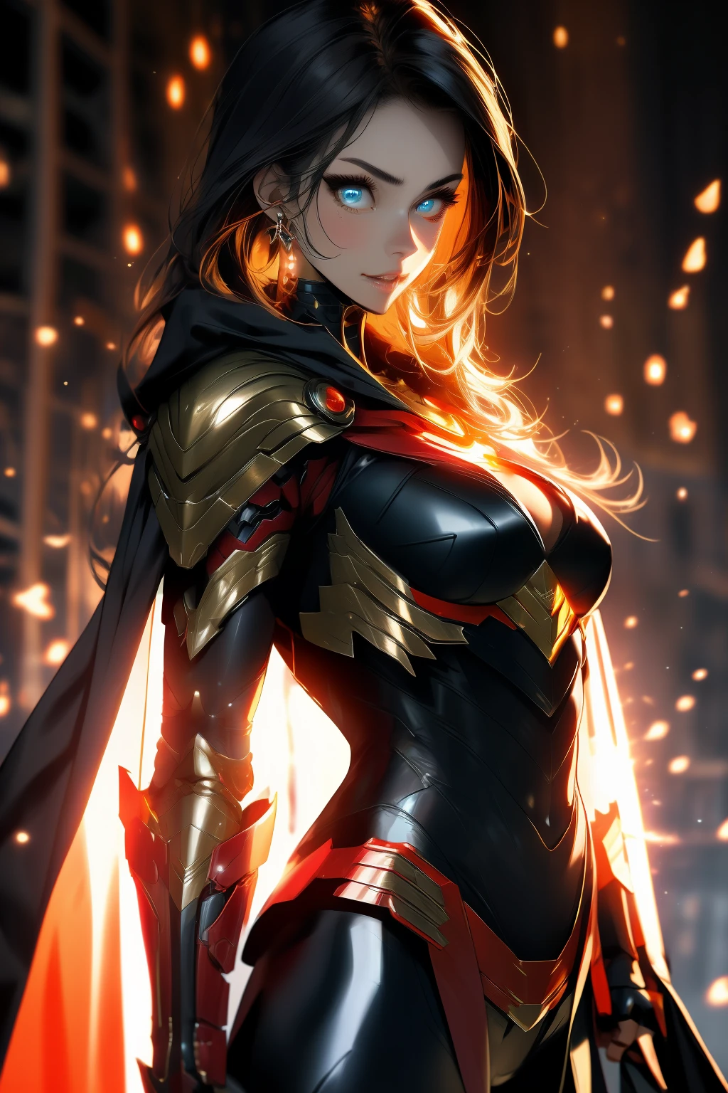 8k,A super muscular American female fire goddess, With the energy of a 20-year-old.,Super Beauty(Like the real thing),Staring angrily at the audience.,Orange Mohawk Hair,Sexy orange and black large chest armor(Fire God's Emblem),Orange Flame Gauntlets(Fire God's Emblem),Orange Flame Leg Guards(Fire God's Emblem),Orange and black shorts(Fire God's Emblem),Slender and muscular lower body,A dark and desolate land,Photorealistic RAW photos of the highest quality。Bright colors,Rich colors, Backlight, Cinema Lighting, Film Grain, 50mm lens, Nikon D850,Realistic Skin,Fantasy art,Character Art,Ultra-high resolution,Realistic Skin,Raised muscles,A 20-year-old beauty who is the goddess of fire,Black Flame God Costume(Orange flame emblem filigree),Energy Man,Showing off very intense and strong abs,Top-down view,Dynamic fighting pose,Uplifting,Bright Red Eyes,American Woman,Bodybuilding,Fighting style,Martial Arts Posture,Super muscle beauty,