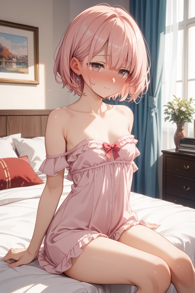 (Highest image quality:1.1)、(masterpiece:1.4)、(disorganized:1.0)、Portrait、Close-up、 1girl、momo velia deviluke、hair ornaments、bob cut、Shorthair pink hair、purple eyes、Medium chest、bra with red lace、red ruffled panties、transparent underwear、Wet hair、charming、Audience、Bedroom、(blush:1.2)、smile、solo