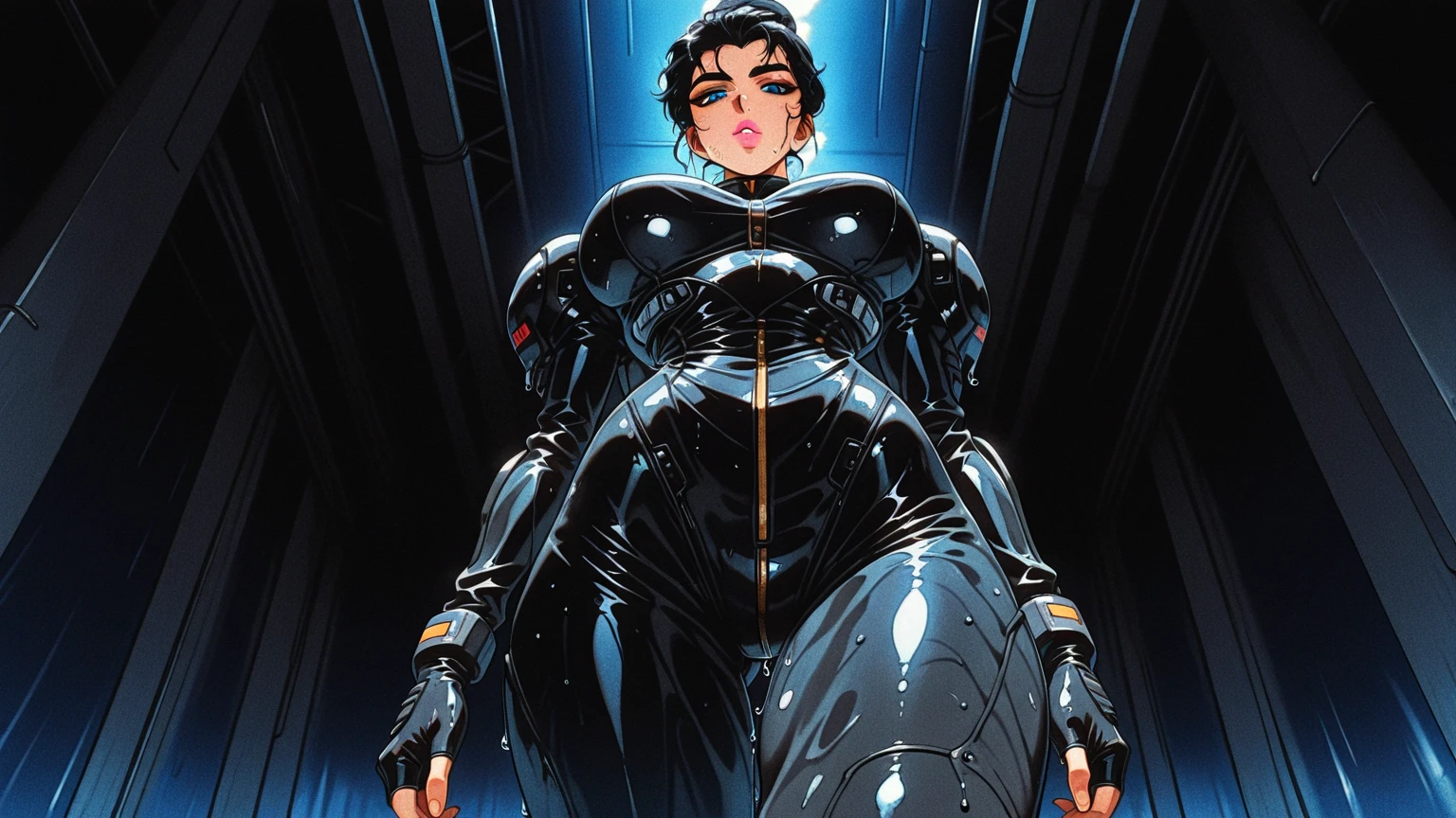 ((gothic vampire piloting in gothic spacecraft)), (((retro anime))), (from below), ((120 fov)), ((((gothic))) control panels), ((mature)), (((gothic))), iridescent bodysuit, ((lace accessories)), ((pilot seat)), ((((lying back)) pose)), ((elegant)), (((serious tone))), ((cockpit top control panel)), intricate control panel details, (close-up), 1990s (style), [blushing], [sweat], masterpiece, ((claustrophobic)), sparkles, best quality, screens, ((pilot helmet)), ((hands on controls)), night, (cockpit lights)