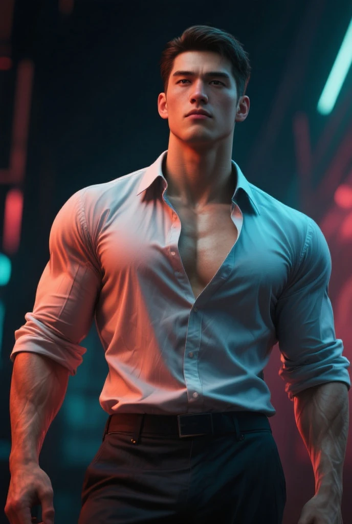 (absurdres, highres, ultra detailed, original character, HDR), 1 russian boy, solo, adult, handsome, ((tall muscular guy, broad shoulders)), finely detailed eyes, (black hair), hair between eyes, turquoise eyes, holographic, futuristic, casual and sexy outfit, gun holster, (body tight white shirt), (large man breasts), ((wearing an earring)), cowboy shot, dutch angle, face focused, tower walled city scenery, dystopian hong kong city, skyscrapers, Cyan, Magenta, long face, closed mouth, looking at viewer, depth of field, bokeh