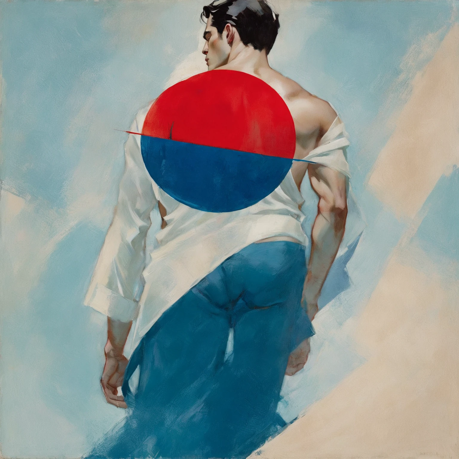 chiaroscuro technique on sensual illustration of an arafed man in white underwear, sexy masculine, diego fazio, male model, by Ludovit Fulla, model with attractive body, inspired by Ludovit Fulla, mid-shot of a hunky, the model draped in flowing, thick oil painting by Harumi Hironaka, extremely soft colors, vibrant, highly detailed, malcolm liepke painting, oil on canvas, high contrast, dramatic, refined, tonal, Create high contrast between light and shadow fire around, there is a red circle on a blue and red square, inspired by Bauhaus, in a shapes background, brown red blue, circle forms, red blue, by Leon Polk Smith, memphis abstract minimal art, graphic shapes, minimal art, blue and red, minimal art style, bauhaus art, inspired by El Lissitzky, bold simple shapes