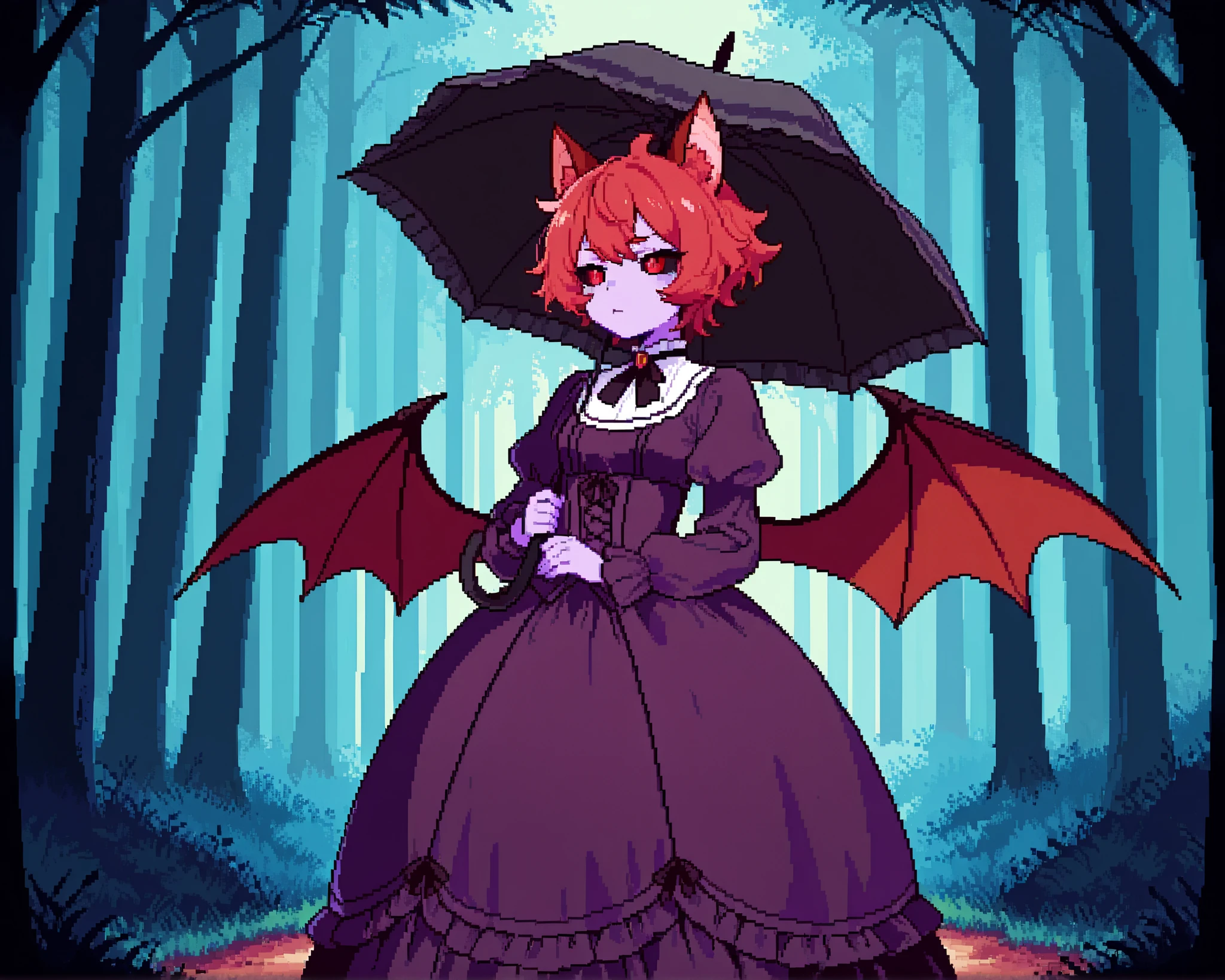 score_9, score_8_up, score_7_up, source_anime, 1girl, solo, pixel art, black sclera, hoopdress BREAK
Red hair, very short hair, messy hair, red eyes, red eyeshadows, small breasts, (colored sclera, black sclera), , (colored skin, purple skin), animal ears, bat_ears, red bat wings BREAK
Victorian_dress, purple dress BREAK
Looking away, bored face, closed mouth, cute fang, holding_black_umbrella, standing, outdoors, (fancy kingdom), victorian_buildings, forest, pine trees