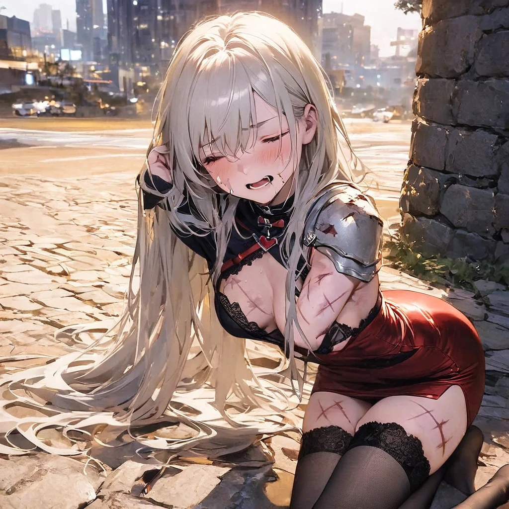 highly detailed 8k, beautiful girl focus, torn erotic clothes, trembling, covering crotch, abused by ugly man, wide shot,