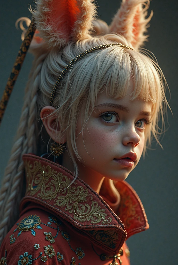 realistic, photorealistic, masterpiece, best quality, girl child 10 years, blonde with long hair, suspense atmosphere, red jacket, thriller, red jacket, wearing red jacket, brown pants red shirt, red jacket, wearing dead lion fantasy jacket, red and black costume!!!, red leather jacket --auto --s2