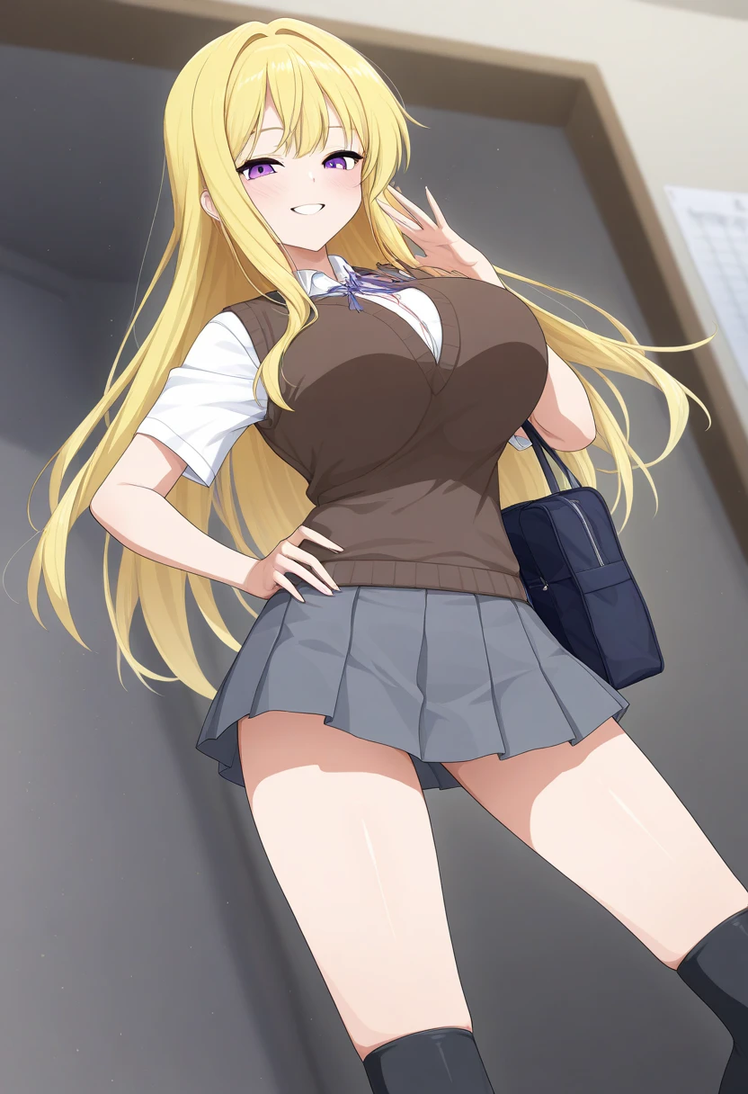 , 1 girl, ahoge, alone, Minami Fuyuki, blonde hair, long hair, purple eyes, looking at viewer, smile, (blush on nose: 1.2), white blouse, high-necked blouse, sleeveless, cleavage, black jeans tight,black shoes ,outdoor, street, walking, nsfw, (from below: 1.2), uncensored, (high resolution: 1.2), (ultra detailed: 1.2), [high dynamic range lighting], (masterpiece : 1.3), (best quality), high quality intricate details (extremely detailed CG unity 8k wallpaper: 1.2), best shadow (extremely detailed fine touch: 1.2), (high resolution), (4k), (pixiv) , perfect face, pretty eyes and face (super detailed), detailed face and eyes, textured skin, absurd, high resolution, deep skin, perfect anatomy, perfect hands, big breasts, medium waist, wide hips, wide thighs, round butt, looking at viewer, from behind, focus on ass, pov (from below)