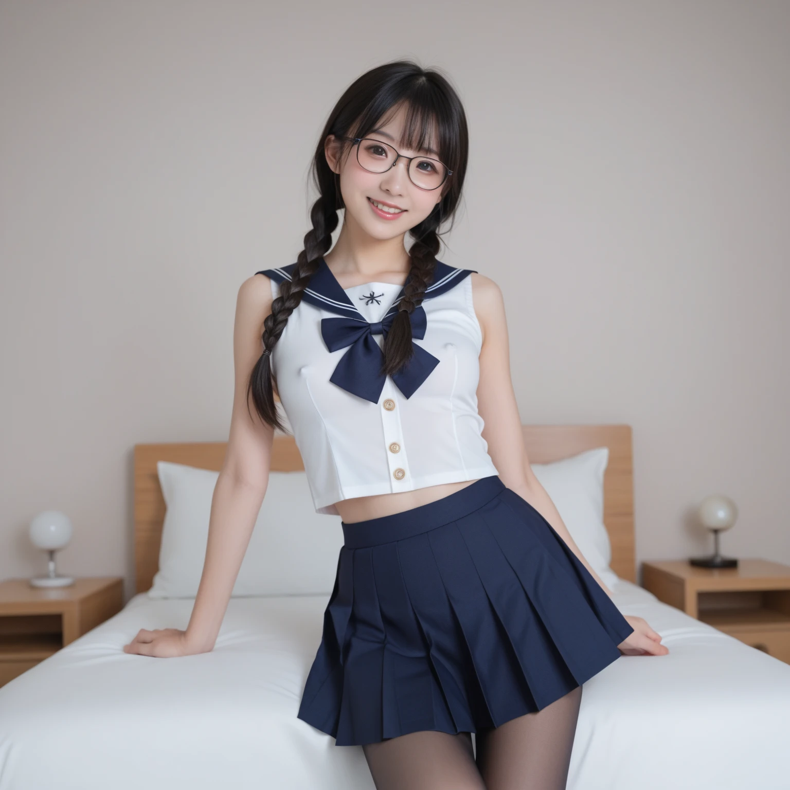 Raw photo, Frank, Textured skin, 1 girl,Full body,(Medium hair:1.2), pale skin, Japan person, glasses, small, young, tall, dark look, bright black eyes, one ear out, anger, blue panties, sailor uniform, school uniform, arms raised, open legs,M-legged slender body, medium build, small waist, wide thighs, photorealistic, best quality, 8k, masterpiece