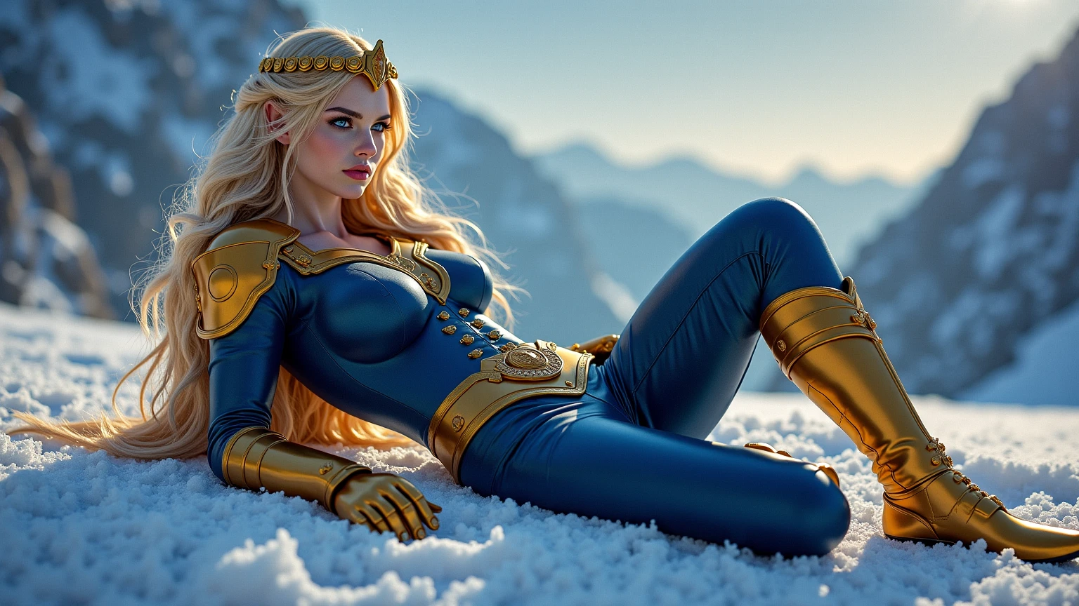 BOMBSHELL BLONDE WOMAN LAID DOWN ON SNOW, WARRIOR FEMALE, TANNING SKIN BLUE EYES, HIGH CHEEKBONES, ROSY CHEEKS, MENTAL FORAMEN, HUGE LONG HAIR, DOUBLE BRAID HAIR, VOLUMOUS HAIR, GOLD LEOTARD ARMOUR, ALL GOLD ARMOUR, GOLD GAUNTLETS, ATHLETIC BODY, MUSCLES, GORGEOUS THICK THIGHS EXPOSED, DETAILED QUADRICEPS, MUSCLES, SIDE BODY VIEW, LAID DOWN BODY POSITION, NORTHERN LIGHTS, NORTH POLE, SNOW, NIGHT SKY, ACCURATE IMAGE, MASTERPIECE.