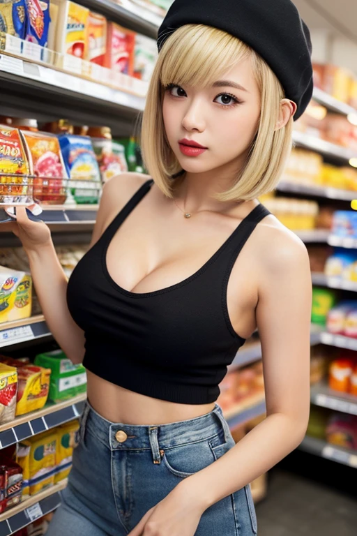 European girls ((short blonde hair)), nude, (Big breasts), very sort t-shirts, short pants, at Thai market , Bangkok Thailand holding a plastic bag , Buy vegetables at the market