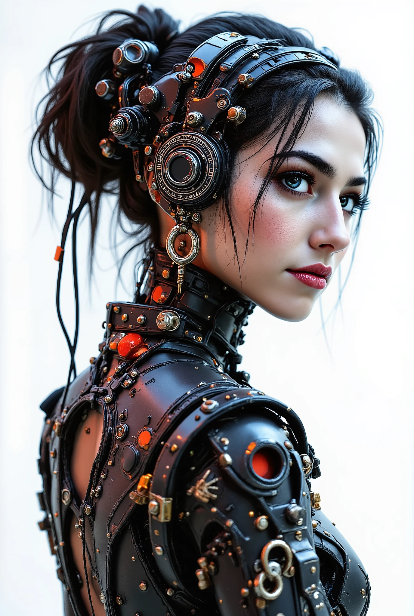(masterpiece, top quality, best quality, official art, beautiful and aesthetic:1.2), (1girl:1.3), extreme detailed,colorful,highest detailed ((ultra-detailed)), (highly detailed CG illustration), ((an extremely delicate and beautiful)),(from side),cinematic light,((1mechanical girl)),solo,full body,(machine made joints:1.2),((machanical limbs)),(blood vessels connected to tubes),(mechanical vertebra attaching to back),((mechanical cervial attaching to neck)),(sitting),expressionless,(wires and cables attaching to neck:1.2),(wires and cables on head:1.2)(character focus),science fiction,white background,(blood:1.5)