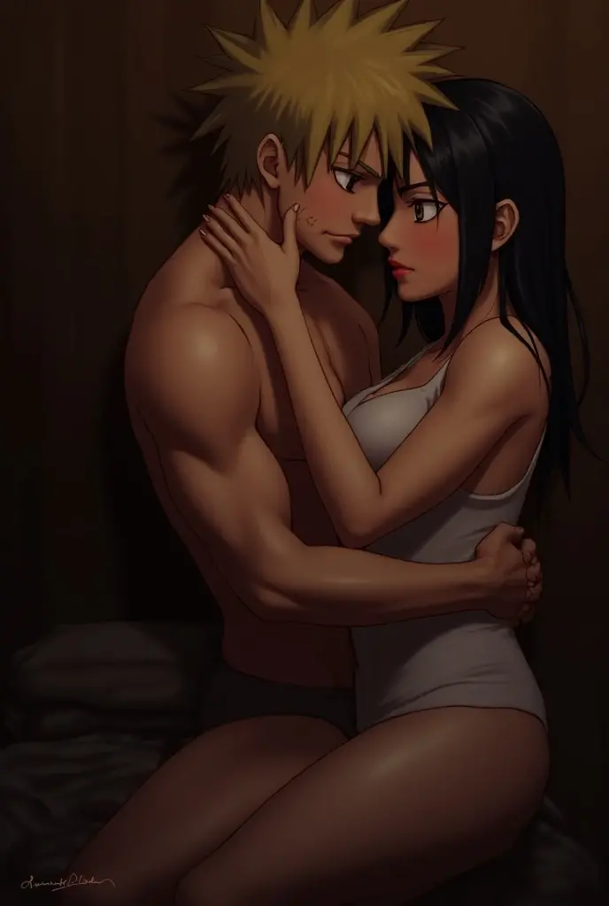 I would like to get an anime-style image of a couple consisting of a man with long black hair, with a ponytail and a tattoo, stripped to the waist, kissing a woman with very short wheat hair, bob haircut, and in gray-blue lace underwear, she hugs him around the neck.
