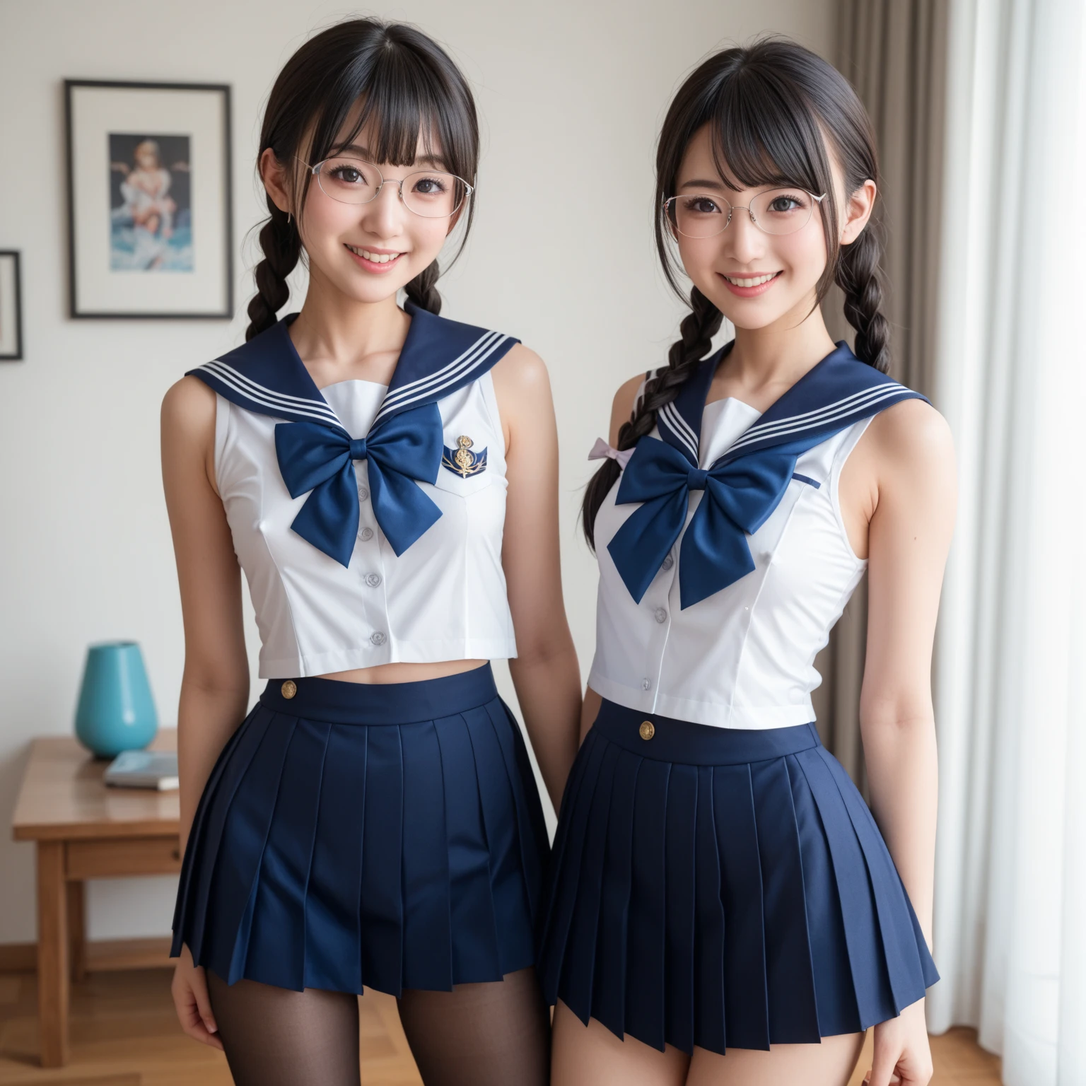2 girls standing in rural station,freight long train on far side,cumulonimbus cloud in summer blue sky,white sailor shirt with red bow tie,white panties with navy blue frills,18-year-old,bangs,a little smile,thighs,knees,short hair with low pigtails bunches,from below,front light