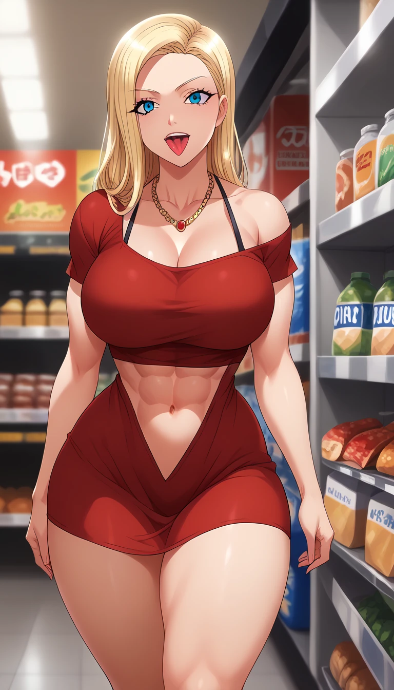 (Muscular:1.9), (thick thighs:1.9),
(blonde woman:1.2), (ponytail:1.2), blunt bangs,
eyeshadow, earrings,
detailed eyes, (big smile:1.7), detailed skin,
(small breasts:2), (hard nipples:1.3),
(choker), (red polo shirt:1.7), (open collar, unbuttoned, cleavage:1.5), (tight khaki pants:1.6), nametag,
(upper body view:1.2), (looking at viewer), (three quarter view:1.4),
(grocery store:1.2), rim lighting, two tone lighting, dimly lit, bokeh