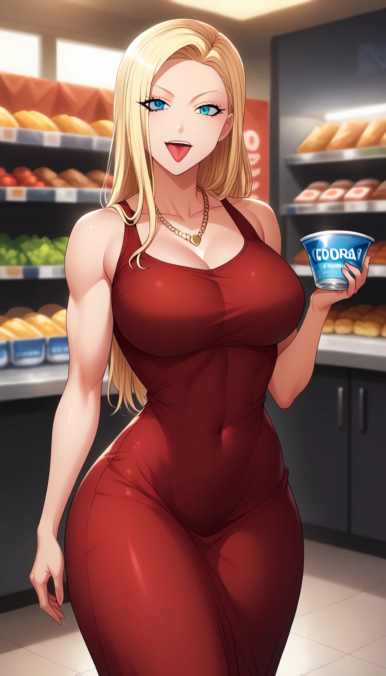 (Muscular:1.9), (thick thighs:2), 
(blonde woman:1.2), (ponytail:1.2), blunt bangs,
eyeshadow, earrings,
detailed eyes, (big smile:1.7), detailed skin,
(small breasts:2), (hard nipples:1.4),
(choker), (red polo shirt:1.7), (open collar, unbuttoned, cleavage:1.8), (tight khaki pants:1.6), nametag,
(upper body view:1.2), (looking at viewer), (three quarter view:1.4),
(grocery store:1.2), rim lighting, two tone lighting, dimly lit, bokeh
