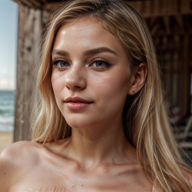 Scarlett Leithold in a lake with lipstick completely naked and smiling