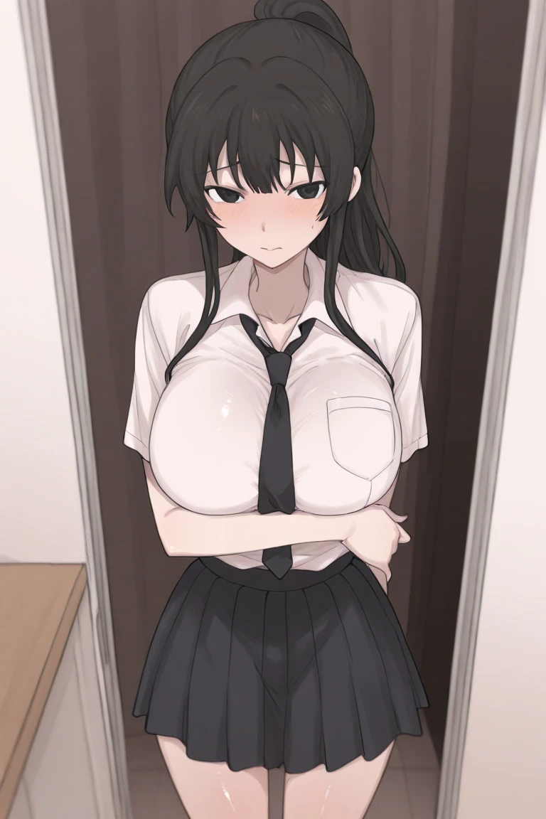 1girl, <lora:ZANKURO_STYLE16:1>, large breasts, close-up, red eyes, black hair, smile, office lady, white shirt, tight miniskirt, standing, sleeveless,