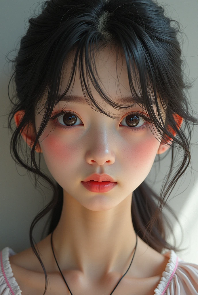 best quality photography, high resolution, 16K, realisitic, (photorealisitic:1.2), sharp focus on face, extreme quality, 1 Japanese girl, cowboy shot, (Accurate anatomy), beautiful courtesan, detailed and perfect face, big, uniform eyes, eyes black, Round face, (appealing: 1.3), (a fusion of intelligence and appealing: 1.4), beautiful shiny black hair, kind smile, (hair accessories, clip, gradient), (sensual lips), shiny colors, top cropped caro, (meaty shoulders and neckleace visible: 1.4), Breasts huge, (Well good: 1.5), neckleace, uneven skin, sweaty skin, shining skin, gazing at viewer, beautiful top perfectly customized with short pants, gazing at viewer, flower print, perfect proportions,