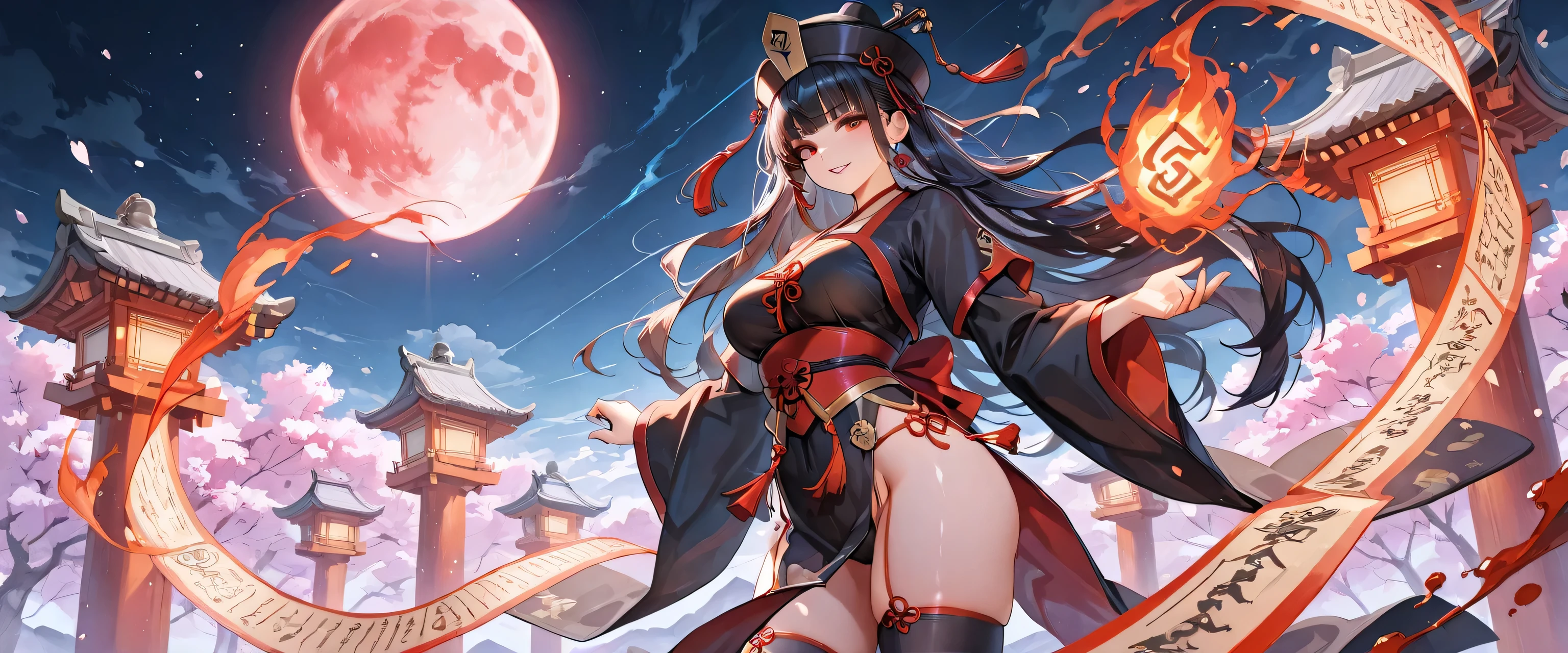 Koyoharu_Gotouge_art_style, anime, high resolution, (masterpiece), 4k, portrait, ((from below)), (full body), ((1girl)), (((detailed long black hair with red strands))), multicolor hair, ((wild hair)), (floral_hair_ornament), ahoge, (((((crossed bangs))))), ((bright_cyan_blue_eyes)), ((black_sclera)), athletic build, red_oni_horns, (large breasts), wide hips, long legs, (((black battle kimono with floral designs and rolled up sleeves))), ((red obi)), (((samurai shoulder plate))), (side boob), menacing smirk, seated on ledge of compound wall, night time, full moon, clouds, edo_period_japan, wind