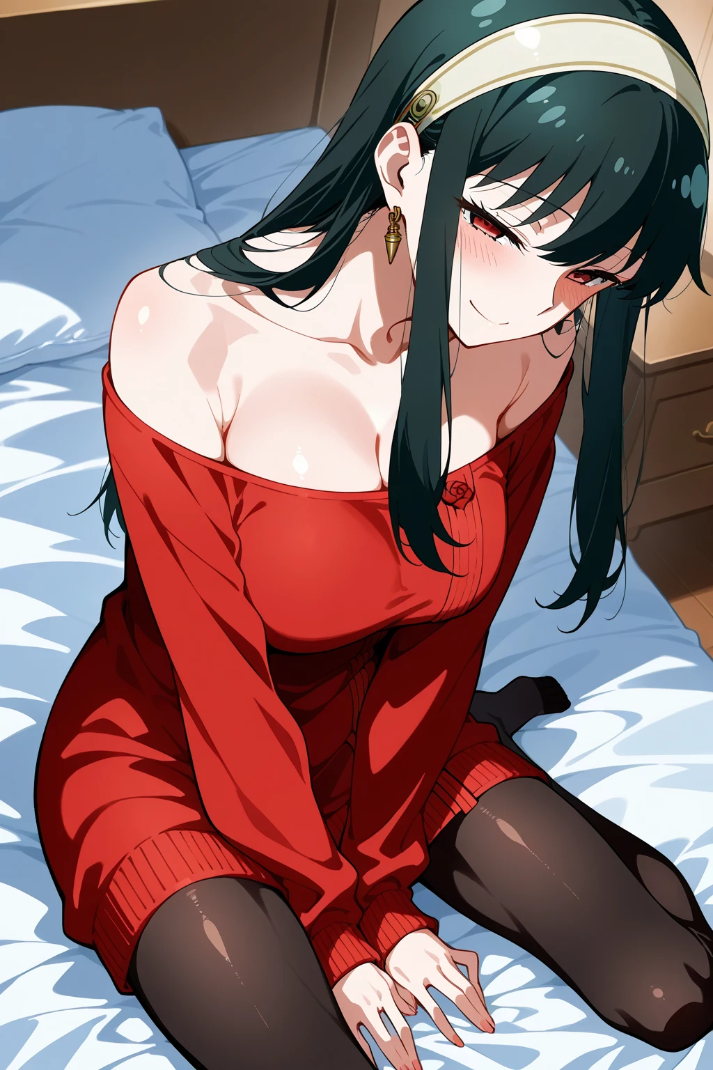 Absurd:1.8, Realistic, unity 8k wallpaper, masterpiece, Detailed Hair, Very detailed, Realistic glistening skin、(Black-haired、Long hair short hair、White hair band、Red eyes、Off the shoulder、Red sweater、Long sleeve)、(Embarrassing、blush:1.3)、((From below:1.2, White underwear:1.4, Masturbation:1.8, Spread your legs、Show your underwear))
