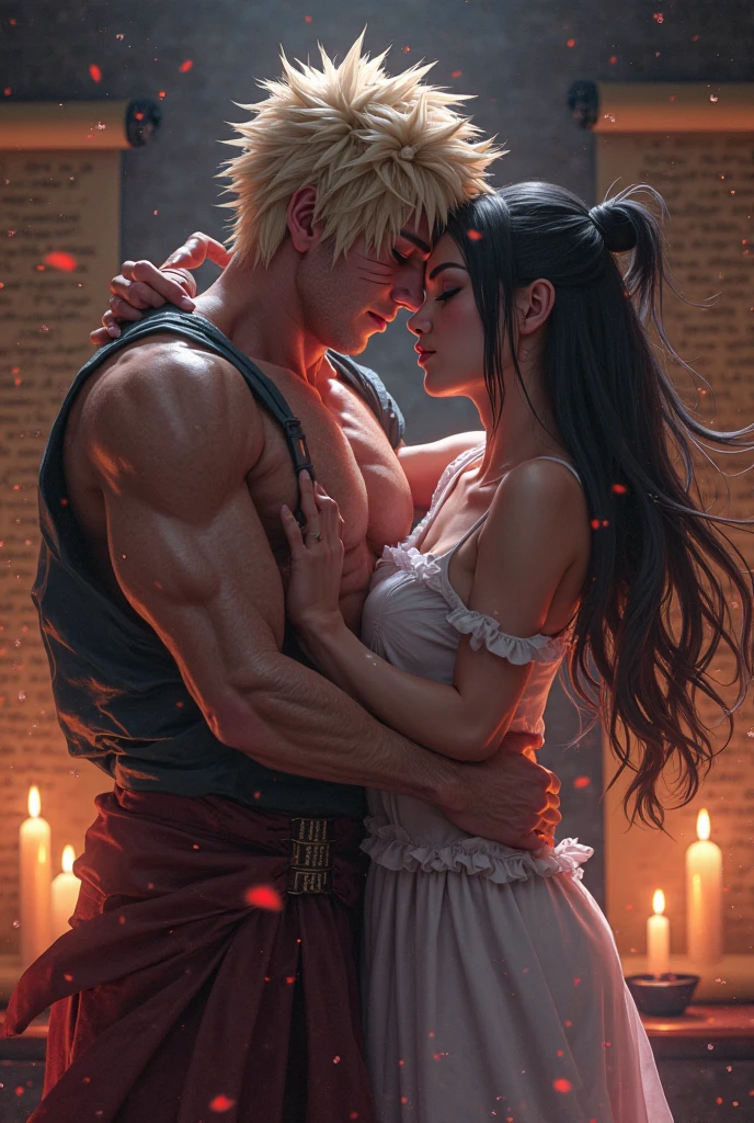 Couple, boy and girl kiss, boy is wearing a tank top with muscles, girl is wearing a tight skirt with a small blouse, big breasts, cleavage, nsfw