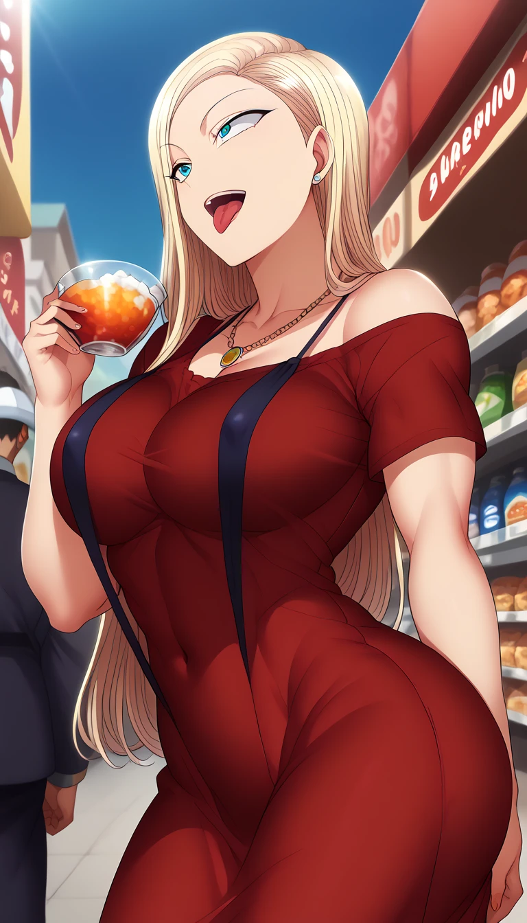 ((highres)), Masterpiece, high quality, best quality, beautiful, perfect lighting, detailed face, ultra cute face, cowboy shot, ((1girl)), ((solo)), ((blush)), worried, long blonde hair, blue eyes, fancy bar, party, detailed background, medium breasts, perky breasts, cleavage, ((wide hips)), (((thick thighs))), ((plump)), fat folds, belly bulge, low cut dress, short red dress, ((tight dress)), holding a small glass, hand on hip,